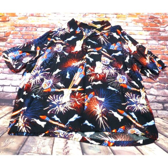 George Mens All Over Fireworks Cat Button-Up Shirt 3XL 100% Rayon Patriotic Prin - Picture 7 of 9
